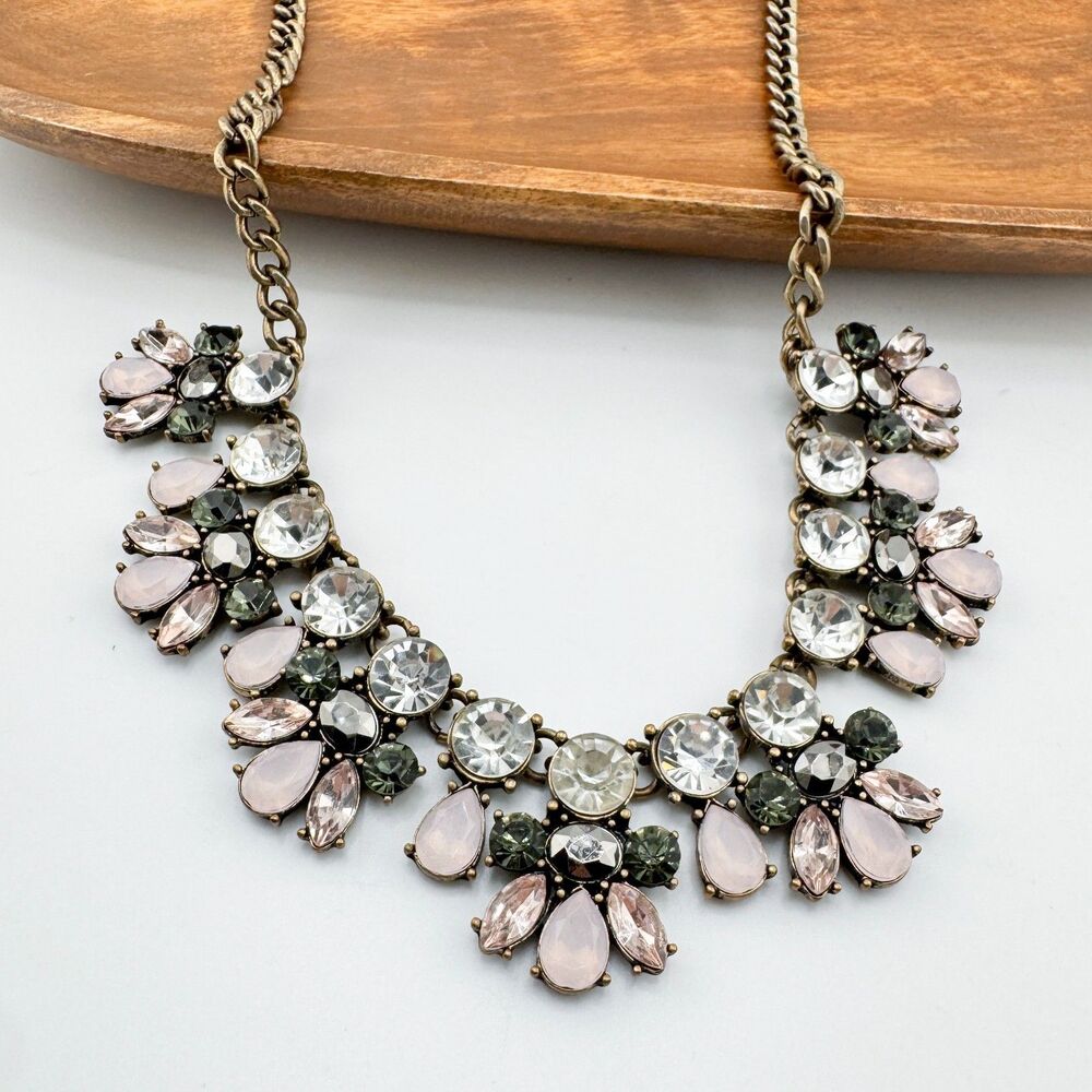 Vintage Statement Rhinestone Necklace Pink Grey Clear Crystal Floral Bib Chunky - Picture 5 of 10